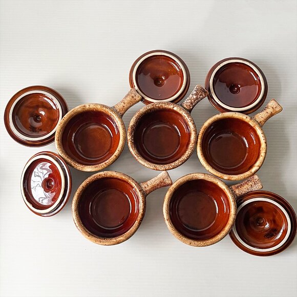 Vintage Hull Oven Proof USA Brown Drip Glaze Soup Bowls Crocks & Lids Set of 5 - Picture 2 of 5